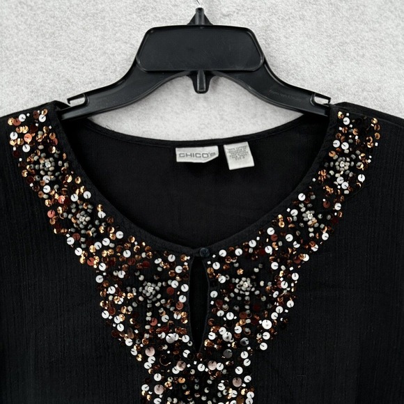 Chicos Top 3 (XL) Pullover Gauzy Sheer Black Elastic Waist Sequins Beaded Blouse - Picture 7 of 16